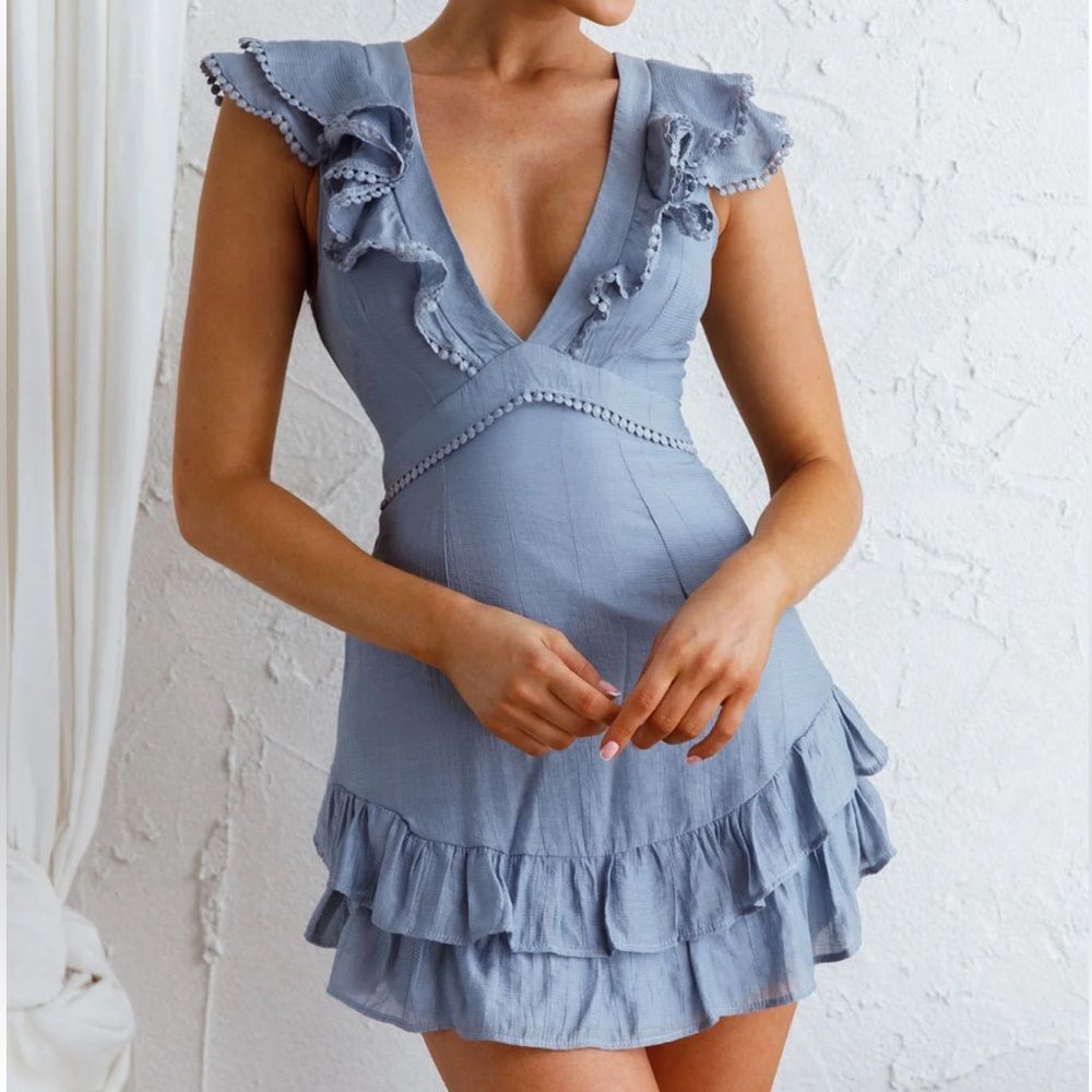 Saint & Secrets Ruffle Shoulder Corset Open Back Mini Dress